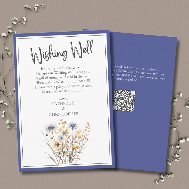Carte D'accompagnement Fleurs sauvages Bleus Élégant Mariage Souhaite bie (Blue Wildflowers Elegant Wedding Wishing Well Enclosure Card with blue, yellow, beige flowers.)