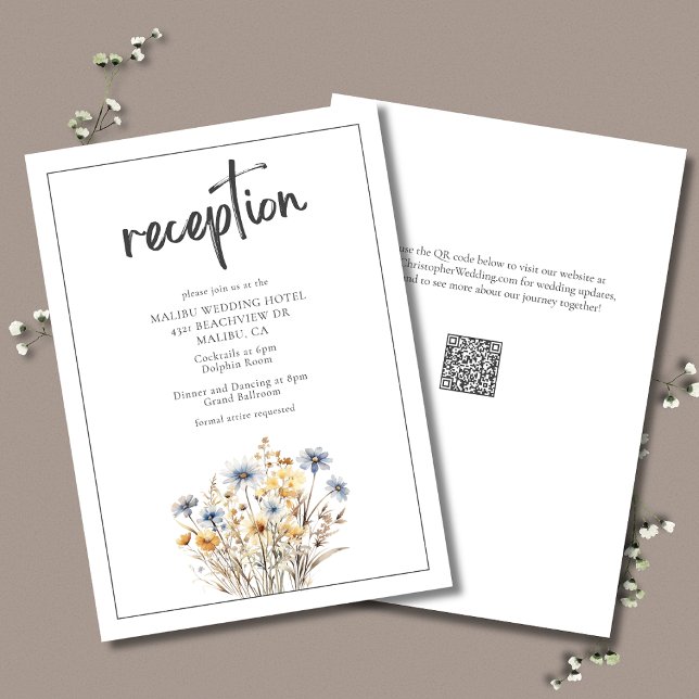 Carte D'accompagnement Fleurs sauvages Bleus Formal Elégant Mariage Récep (Blue Wildflowers Wedding Reception Enclosure Card with watercolor flowers and QR code.)