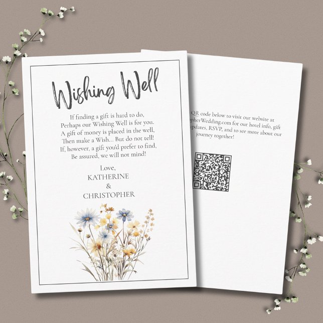 Carte D'accompagnement Fleurs sauvages Bleus Mariage Formel Wishing well (Blue Wildflowers Elegant Wedding Wishing Well Enclosure Card with blue, yellow and beige flowers.)