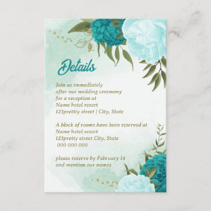 Carte D'accompagnement fleurs turquoise vert feuille