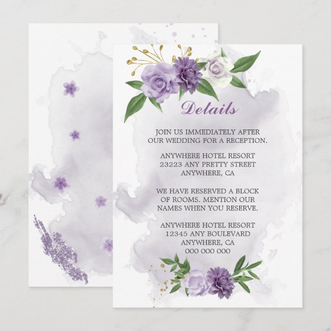 Carte D'accompagnement fleurs violettes détails de verdure (Devant / Derrière)