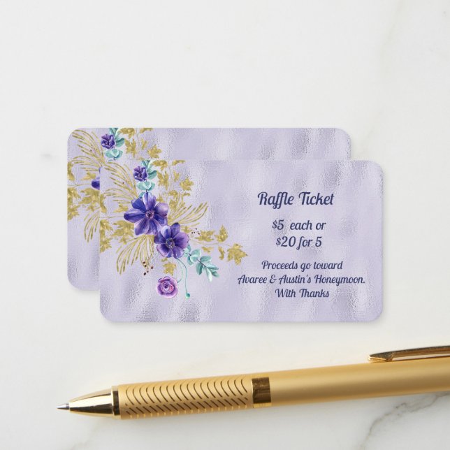 Carte D'accompagnement Fleurs violettes et Feuilles d'or Foil violet Raff (Devant/Arrière en situation)