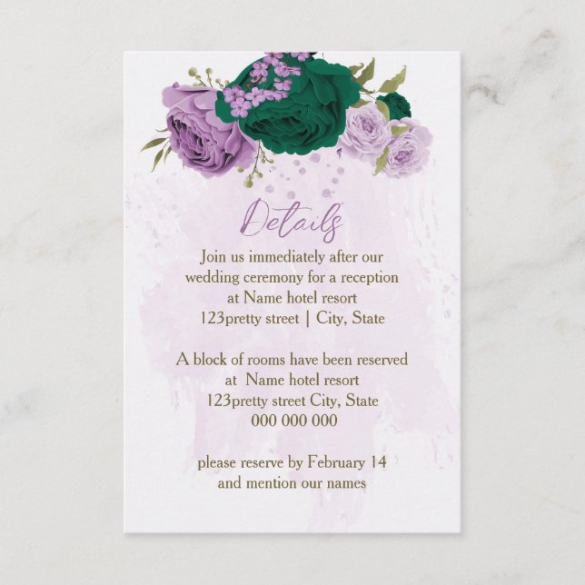 Carte D'accompagnement fleurs violettes vert émeraude détails mariage (Devant)