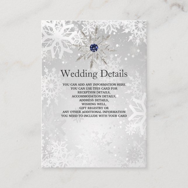 Carte D'accompagnement flocons de neige marine argent hiver Mariage Détai (Devant)