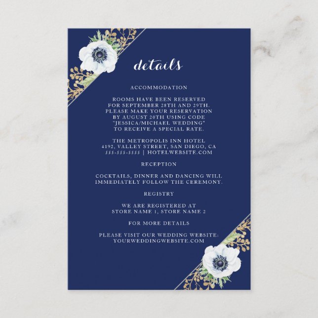 Carte D'accompagnement Floral Anemone Navy Blue Monogram Détails du Maria (Devant)