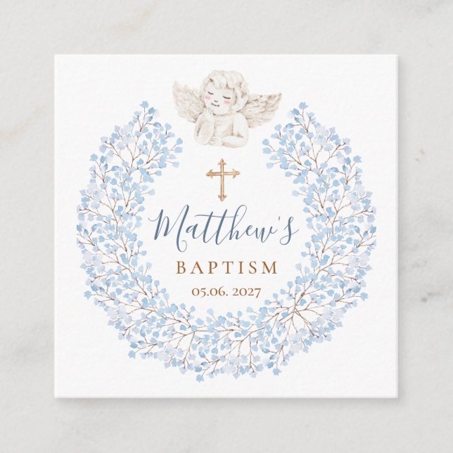 Carte D'accompagnement Floral Blue Baby Angel Croix Baptême (Devant)