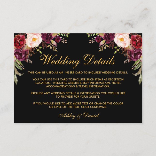 Carte D'accompagnement Floral Bourgogne Détails du Mariage Black Insert C (Devant)