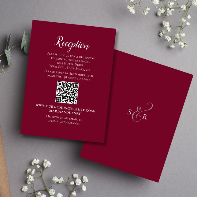 Carte D'accompagnement Floral Bourgogne Elégante Réception de mariage RSV (Burgundy solid colored reception card.)