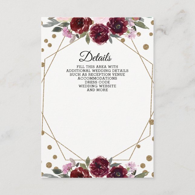 Carte D'accompagnement Floral Bourgogne Parties scintillant or Mariage gé (Devant)