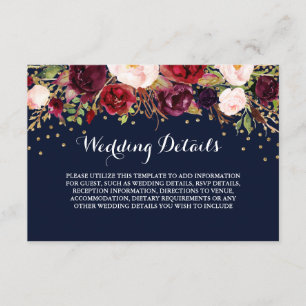 Carte D'accompagnement Floral Burgundy Navy Mariage Détails de la récepti