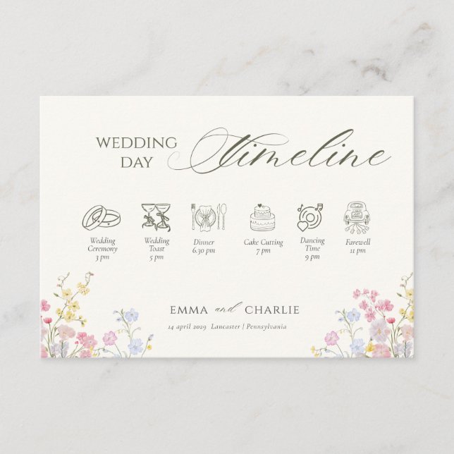 Carte D'accompagnement Floral Calligraphy  Wedding Day Timeline (Devant)