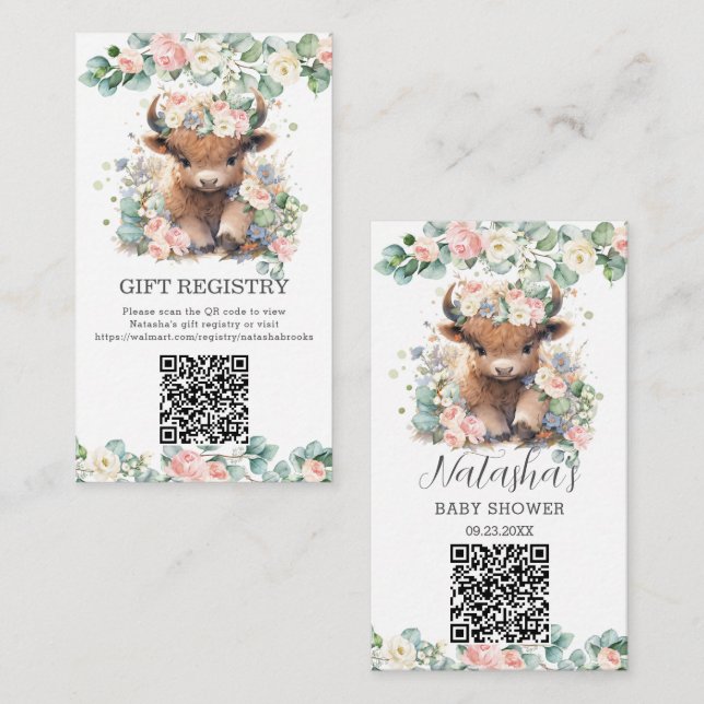 Carte D'accompagnement Floral Cute Highland Vache Bébé Registre cadeau QR (Devant / Derrière)