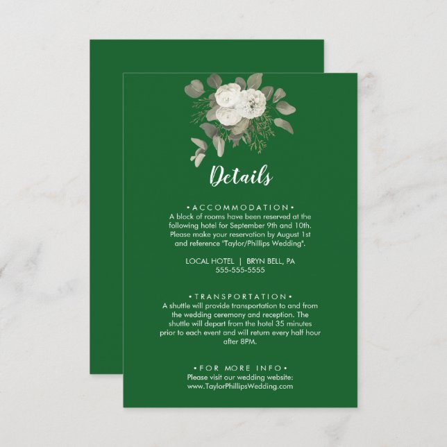 Carte D'accompagnement Floral d'hiver | Détails du Mariage vert (Devant / Derrière)