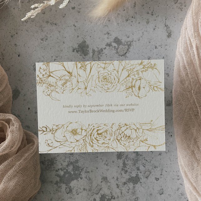 Carte D'accompagnement Floral doré | Site Mariage Cream & Gold RSVP (Créateur téléchargé)