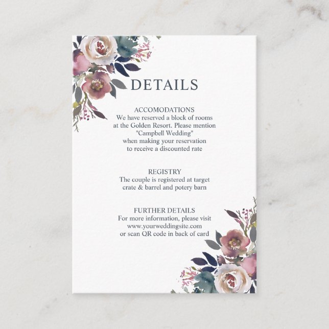 Carte D'accompagnement Floral Dusty Rose Mauve Navy Blue QR code (Devant)