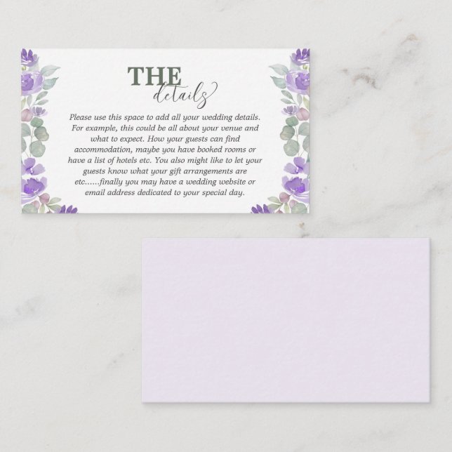 Carte D'accompagnement Floral Eucalyptus Purple Détails du Mariage (Devant / Derrière)