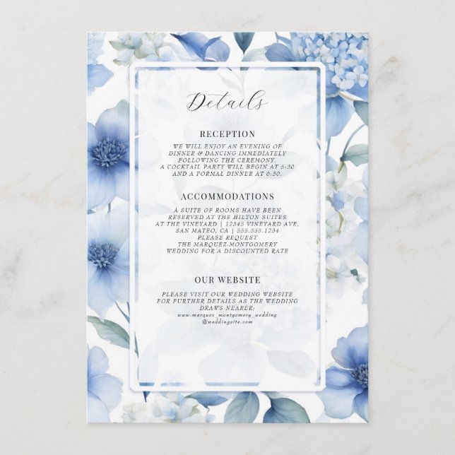Carte D'accompagnement Floral Fleur sauvage Élégant Été Bleu Blanc Détail (Devant)