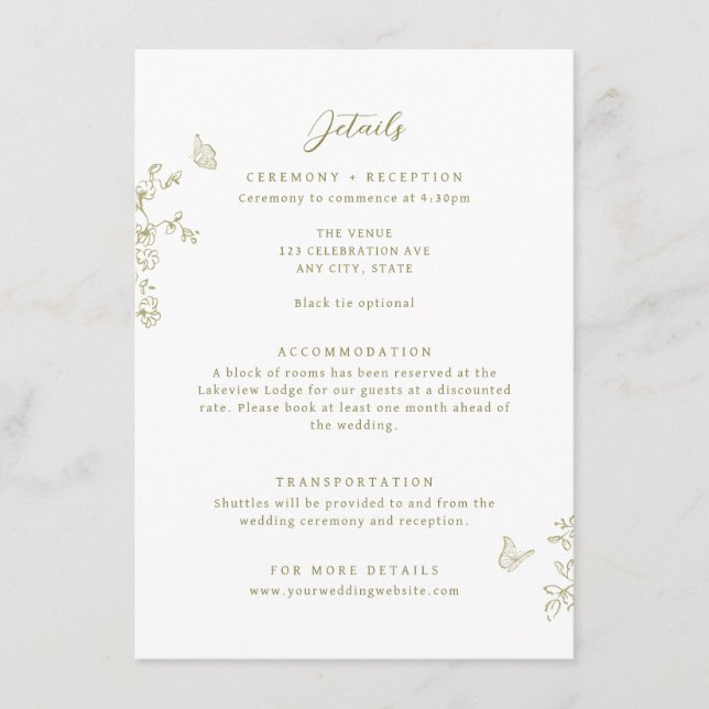 Carte D'accompagnement Floral Line Art Butterflies Détails du Mariage (Devant)