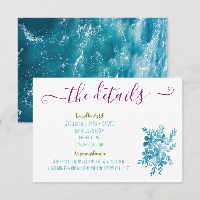 Carte D'accompagnement Floral lumineux bleu rose océanique Détails de la  (Devant / Derrière)