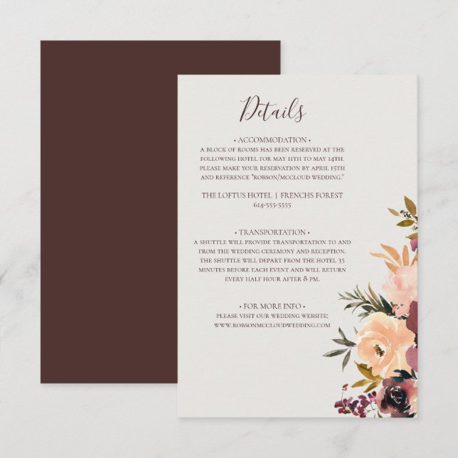 Carte D'accompagnement Floral Orange Bourgogne | Détails beige (Devant / Derrière)