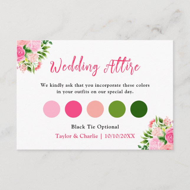 Carte D'accompagnement Floral Pink Roses Wedding Attire Dress Code (Devant)