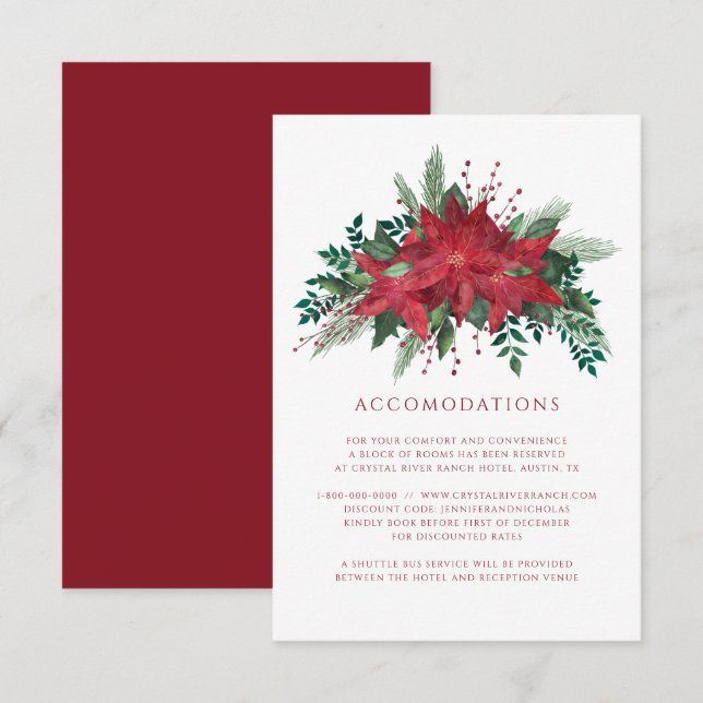 Carte D'accompagnement Floral Poinsettia Mariage de Noël Hébergements (Devant / Derrière)