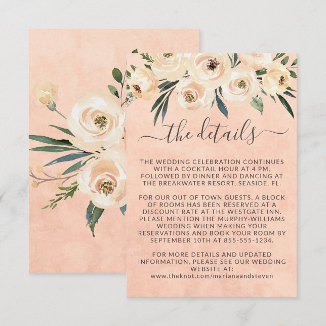 Carte D'accompagnement Floral Rose beige or sur Mariage rose (Devant / Derrière)
