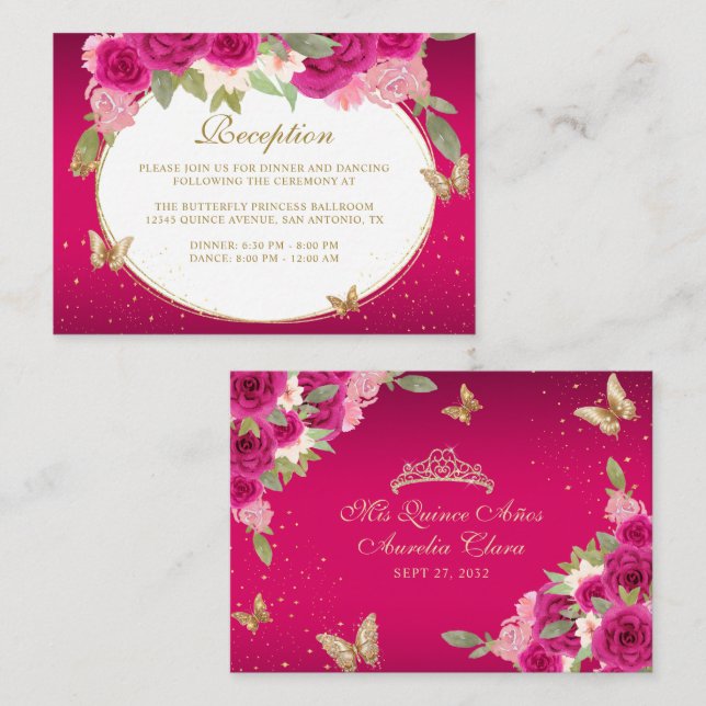Carte D'accompagnement Floral rose or Tiara Butterfly Quinceañera (Devant / Derrière)