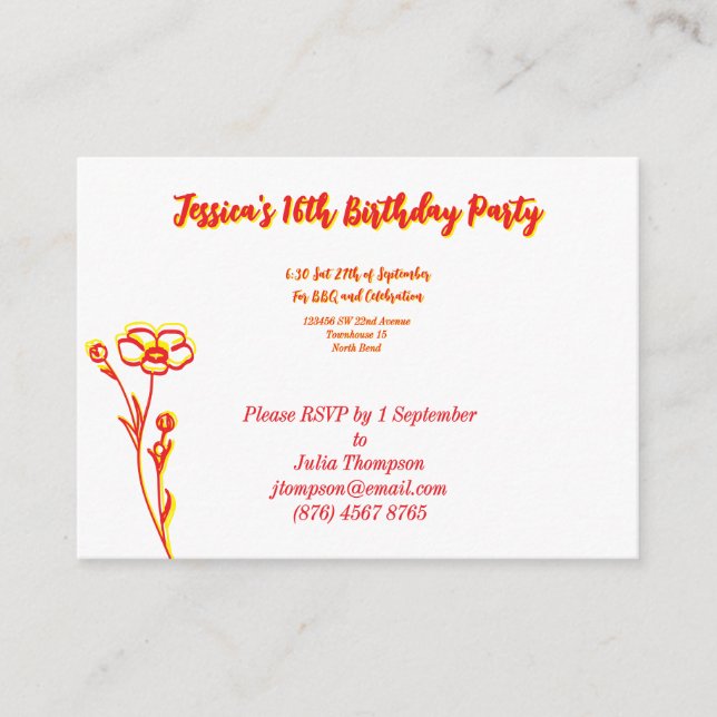Carte D'accompagnement Floral rouge et jaune vif 16e anniversaire (Devant)