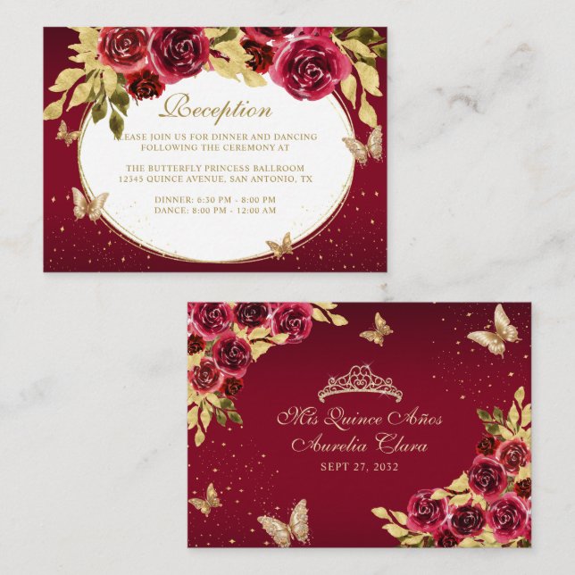 Carte D'accompagnement Floral Rouge or Tiara Butterfly Quinceañera (Devant / Derrière)