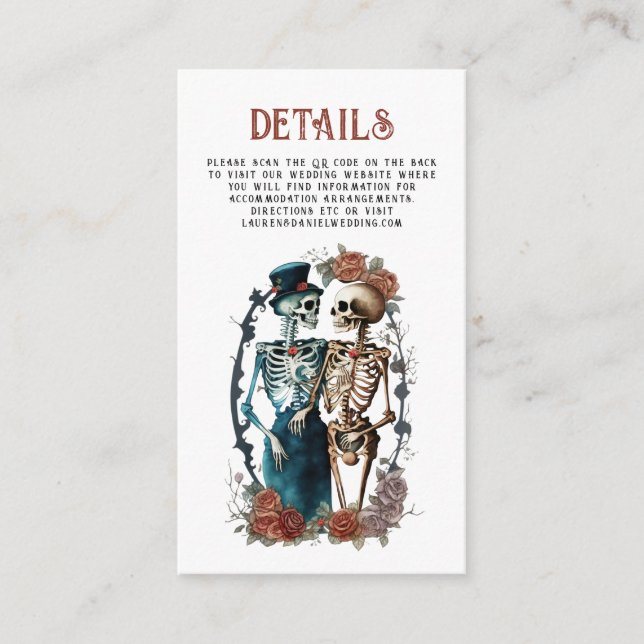 Carte D'accompagnement Floral Skeleton Couple QR Détails du Mariage Enclo (Devant)