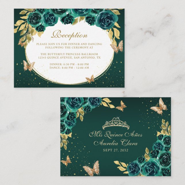 Carte D'accompagnement Floral Vert Or Tiara Butterfly Quinceañera (Devant / Derrière)