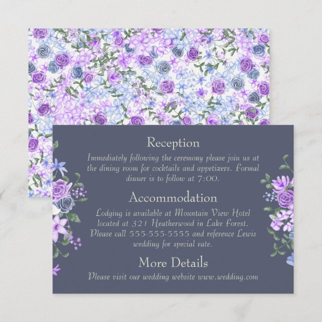 Carte D'accompagnement Floral violet, calligraphie gris Détails du Mariag (Devant / Derrière)