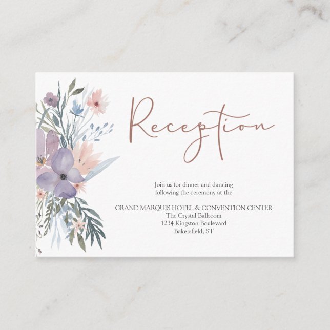 Carte D'accompagnement Floral violet Rose Gold Mariage Réception (Devant)