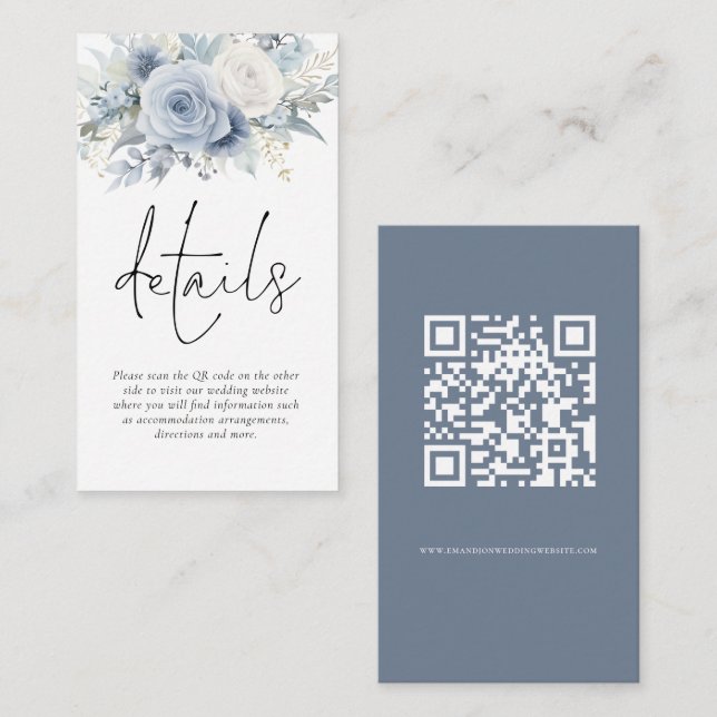 Carte D'accompagnement Florales modernes QR Code Dusty Blue Détails Maria (Devant / Derrière)