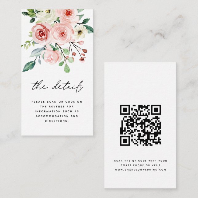 Carte D'accompagnement Flore rose rose moderne QR Code Détails Mariage (Devant / Derrière)