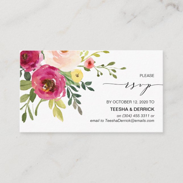 Carte D'accompagnement Flore rose vif, Police noire, Notre mariage RSVP (Devant)