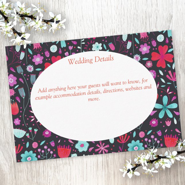 Carte D'accompagnement Flower Meadow Aquarelle Dark Détails du Mariage (Dark floral custom wedding details card)