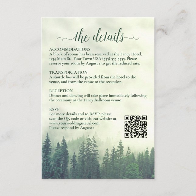 Carte D'accompagnement Foggy Green Pine Trees Détails du Mariage QR Code (Devant)