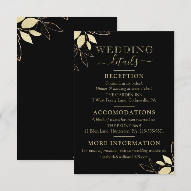 Carte D'accompagnement Foliage Noir & Or Mariage botanique moderne (Devant / Derrière)