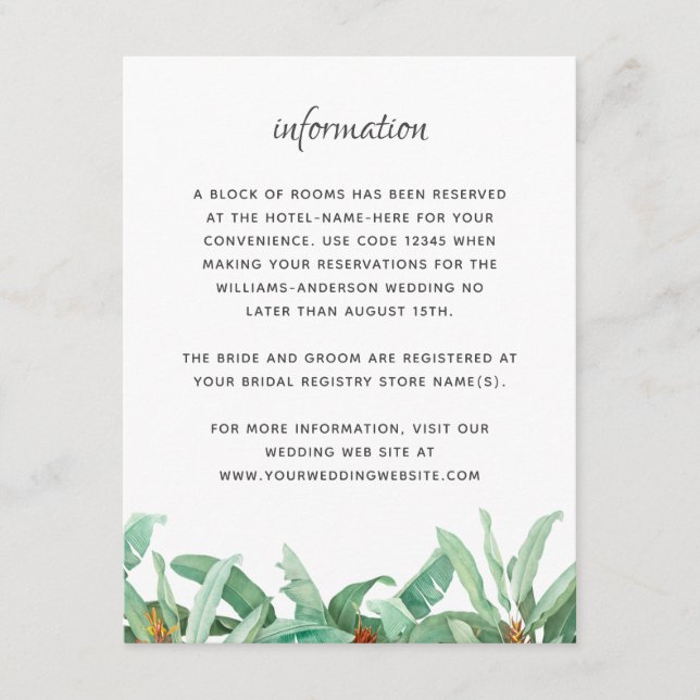 Carte D'accompagnement Foliage tropical Informations sur le Mariage flora (Devant)