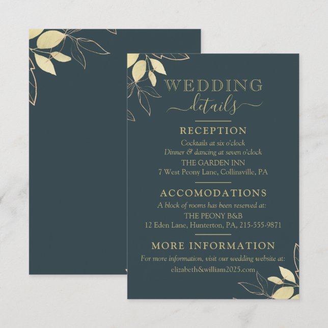 Carte D'accompagnement Foliage Turquoise foncé & Or Mariage botanique mod (Devant / Derrière)