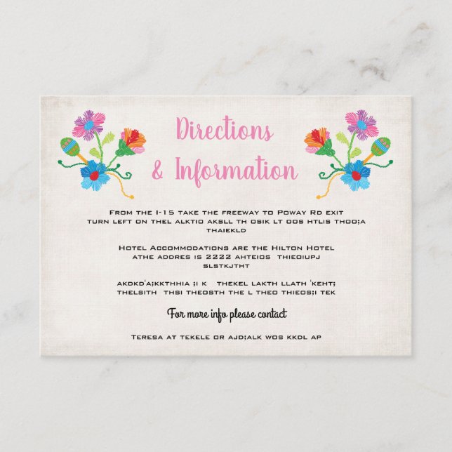 Carte D'accompagnement Folk Art brodé Mexicain Fiesta info Mariage (Devant)