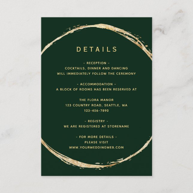 Carte D'accompagnement Forest Green Rustic Gold Circle Détails du Mariage (Devant)