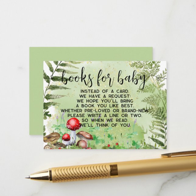 Carte D'accompagnement Forest Mushrooms Livres verts pour le Baby shower (Devant/Arrière en situation)