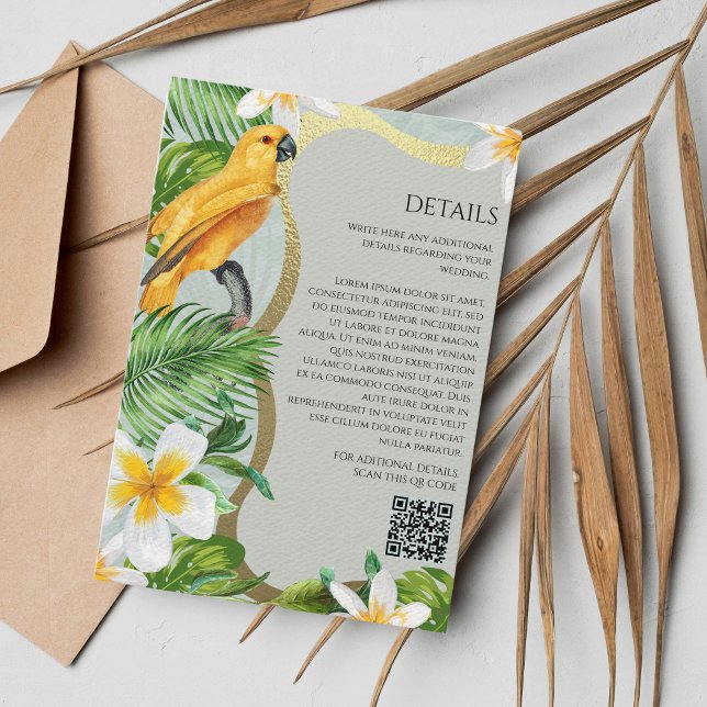 Carte D'accompagnement Forêt tropicale Luau Parrot Floral QR code Détails (Créateur téléchargé)