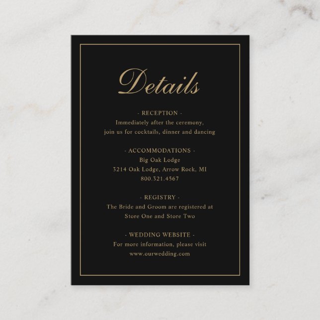 Carte D'accompagnement Formel traditionnel Élégant Mariage noir et or (Devant)