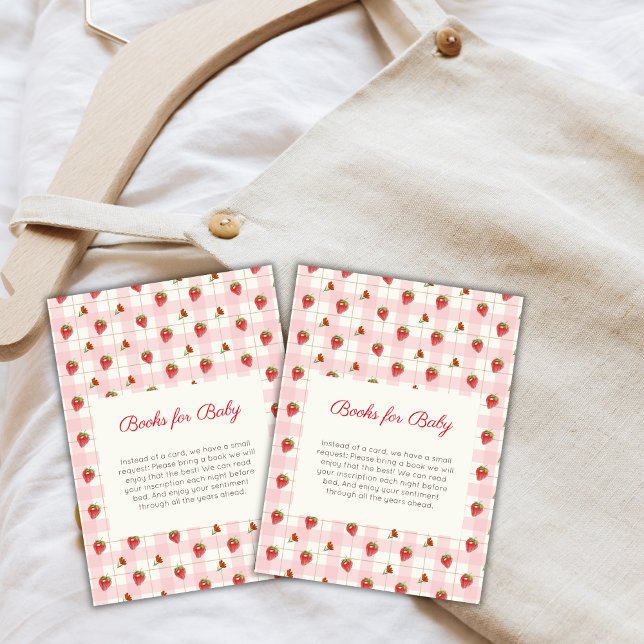 Carte D'accompagnement Fraise rose En vichy Livres Pour Baby shower (Pink Strawberry Gingham Books For Baby Shower Enclosure Card)