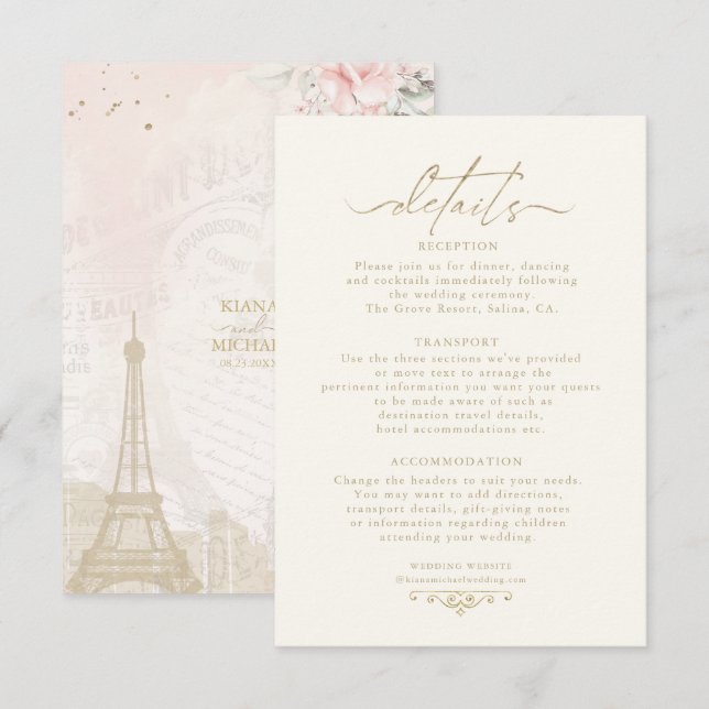 Carte D'accompagnement Français Romance Détails du Mariage Blush ID870 (Devant / Derrière)
