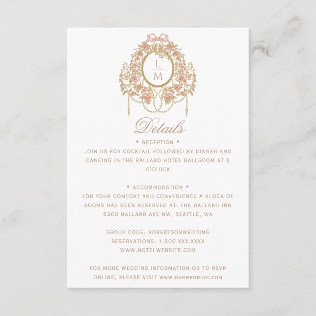Carte D'accompagnement French Rococo Rose Monogram Wedding (Devant)